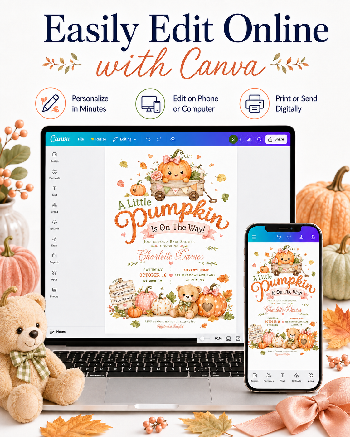 Little pumpkin baby shower invitation with pumpkins, teddy bear, wooden wagon, autumn leaves, pink bows, rustic sign, florals, and soft fall details