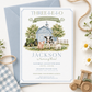 Our little farmer birthday invitation with a blue barn, green tractor, cow, pig, and lamb in soft blue and green