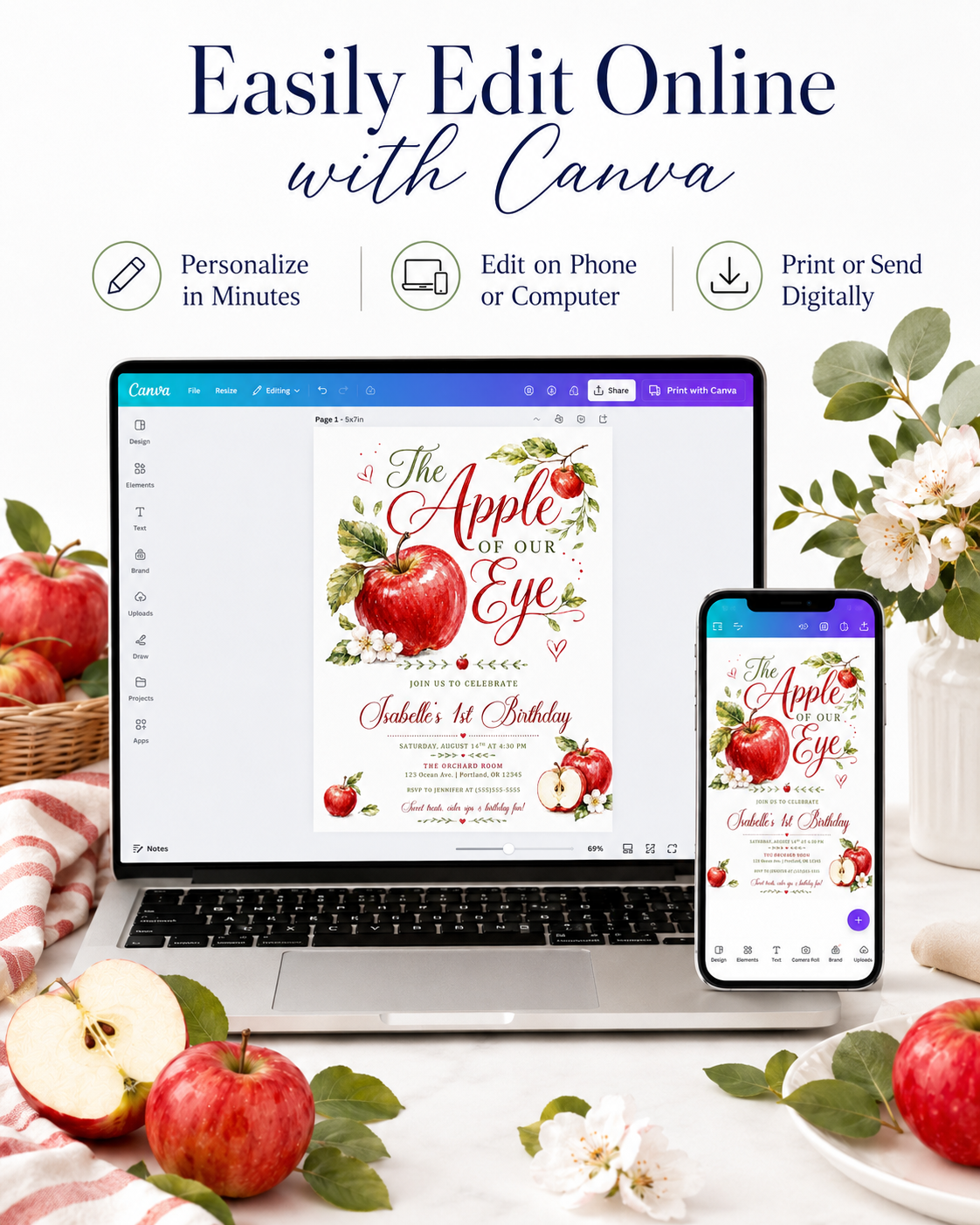 Apple of our eye birthday invitation with watercolor red apples, leafy branches, apple blossoms, hearts, elegant script lettering, and orchard birthday details