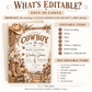 Cowboy baby shower invitation with western boots, cowboy hat, rope, lantern, rustic barn, wagon wheel, and neutral florals in brown tones