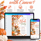 Fall block party invitation with orange autumn leaves, pumpkins, a green bicycle with a flower basket, white picket fence, and rustic Good Neighbors Great Times sign