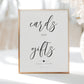 Editable "Cards and Gifts" sign with minimalist black script on white background, printable for weddings and showers | www.foreveryourprints.com