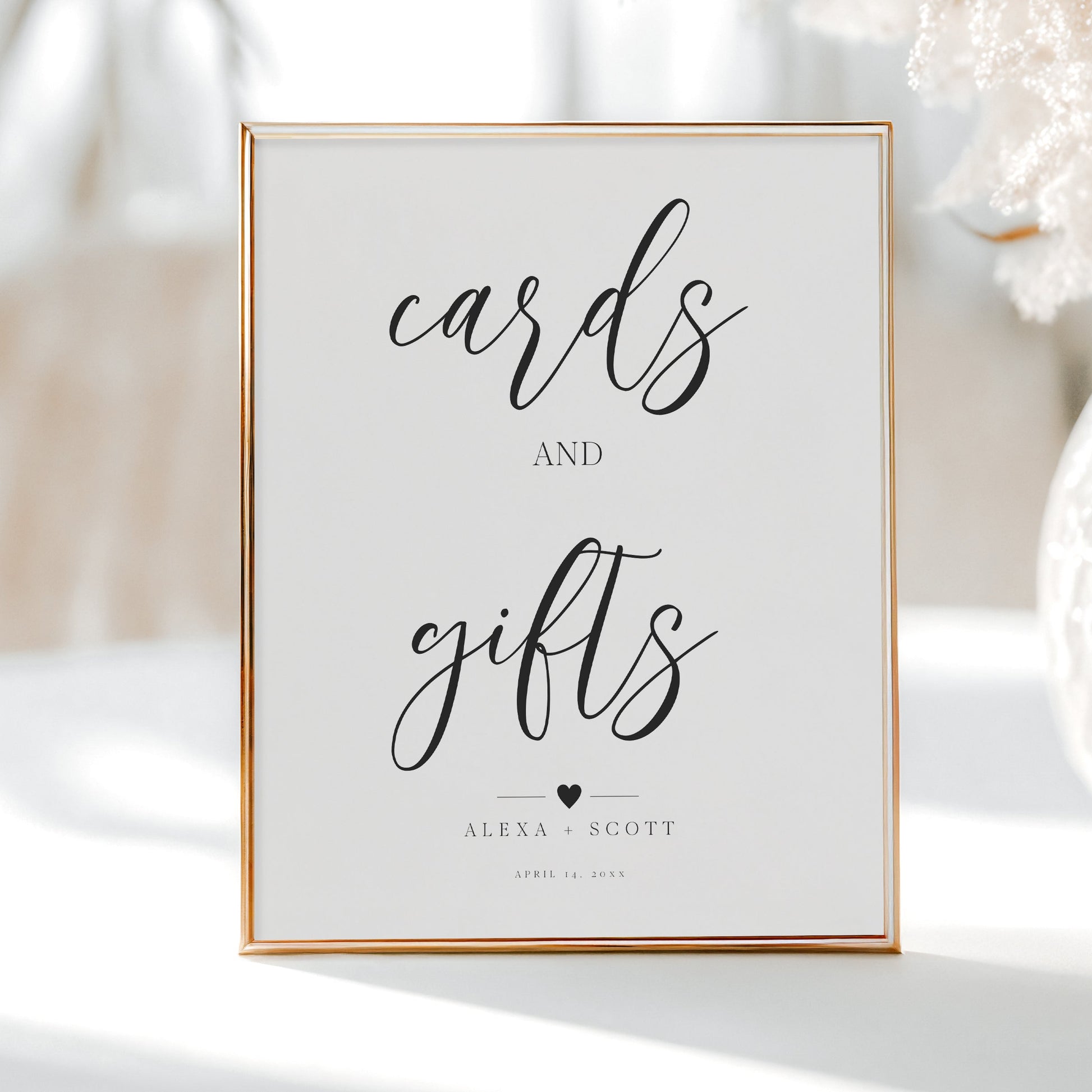 Editable "Cards and Gifts" sign with minimalist black script on white background, printable for weddings and showers | www.foreveryourprints.com