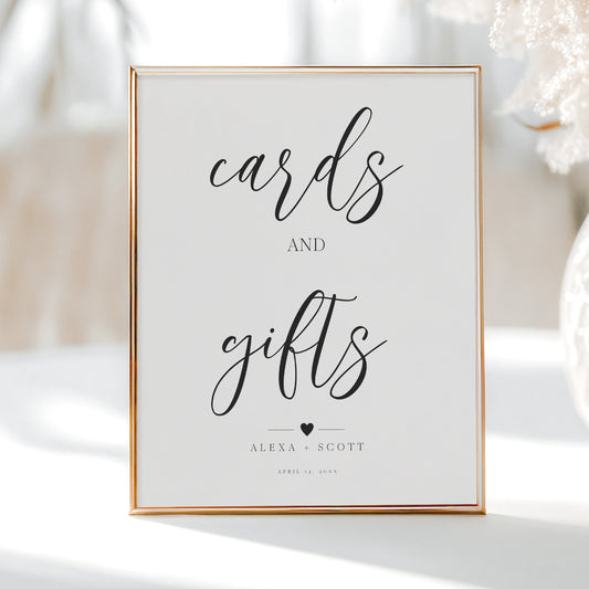 Editable "Cards and Gifts" sign with minimalist black script on white background, printable for weddings and showers | www.foreveryourprints.com