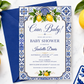 Italian ciao baby shower invitation with blue Mediterranean tiles and lemons in blue, white, and yellow
