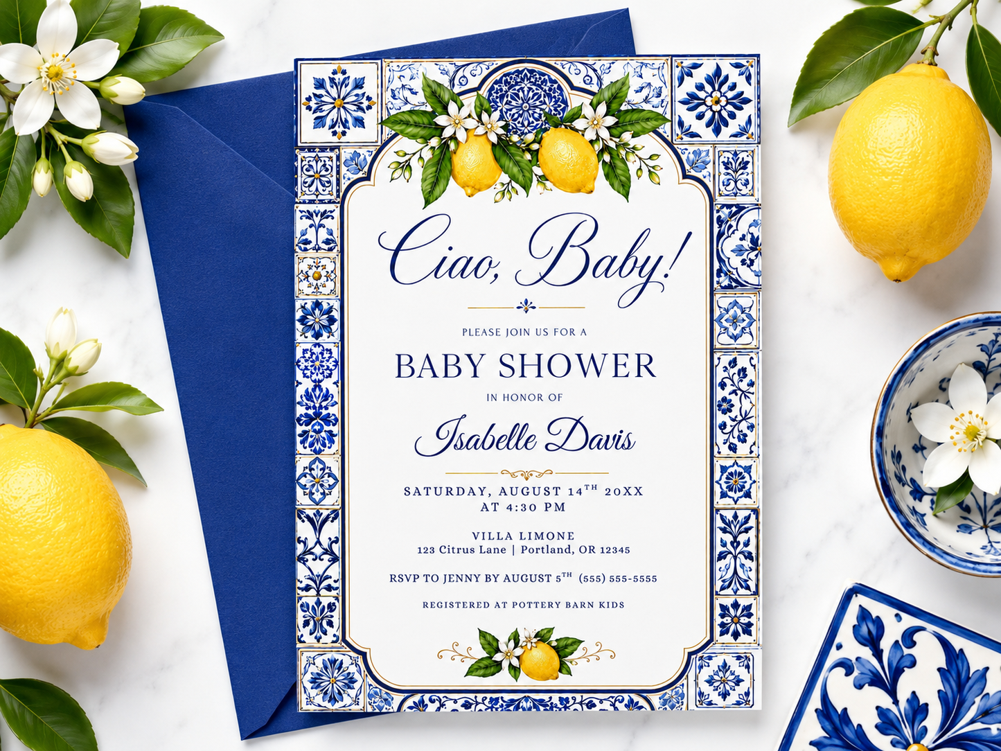 Italian ciao baby shower invitation with blue Mediterranean tiles and lemons in blue, white, and yellow