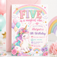 Unicorn fifth birthday invitation featuring a pastel rainbow, smiling clouds, balloons, gold stars, colourful flowers and a floral unicorn.
