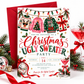 Ugly sweater party invitation with four Christmas sweaters hanging beneath string lights, a reindeer wearing sunglasses, disco ornaments, red bows, and a pink cocktail