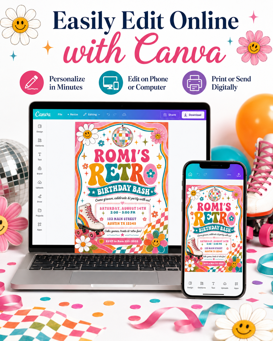 Retro birthday invitation with roller skate, disco ball, smiley flowers, checkerboard accents, colorful waves, stars, and bright pink teal orange party details