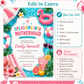 Poolside baby shower invitation with a flamingo float, beach ball, and tropical drinks in pink and aqua