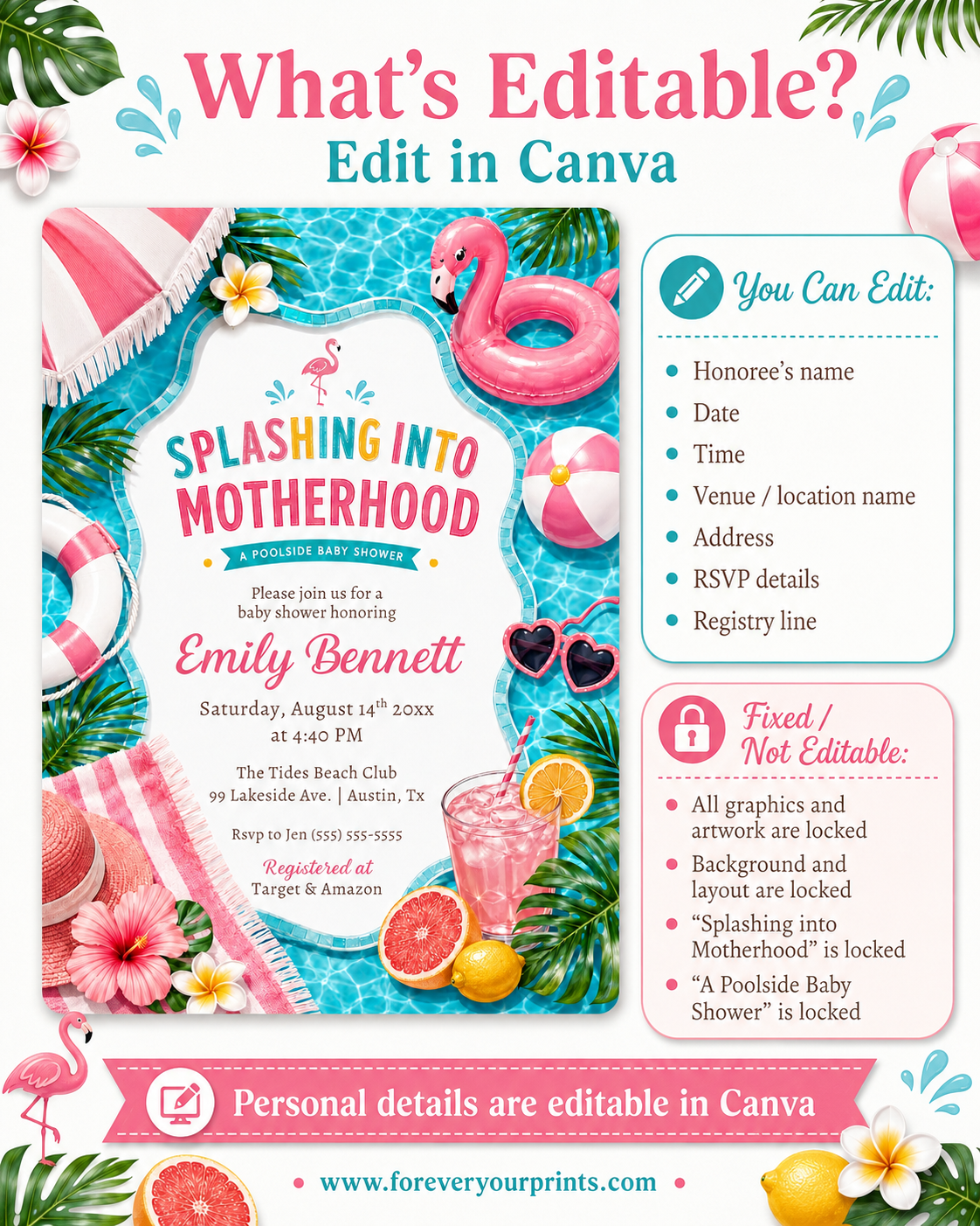 Poolside baby shower invitation with a flamingo float, beach ball, and tropical drinks in pink and aqua