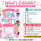 Girls spa birthday invitation featuring a pink robe, face mask, cucumber eye pads, nail polish, slippers, flowers and spa party graphics.
