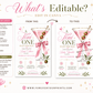 Editable pink martini baby shower invitation Canva template with gold-rimmed martini glass, satin pink bow, heart-topped olives, gold sparkle accents, and olive branch sprigs on a white background