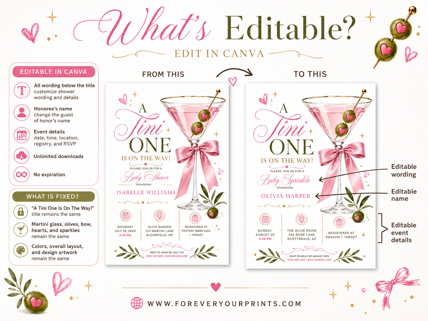 Editable pink martini baby shower invitation Canva template with gold-rimmed martini glass, satin pink bow, heart-topped olives, gold sparkle accents, and olive branch sprigs on a white background