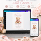 We can bearly wait baby shower invitation with watercolor teddy bear, pink bow, stitched star pillow, scalloped border, and soft pink baby girl details