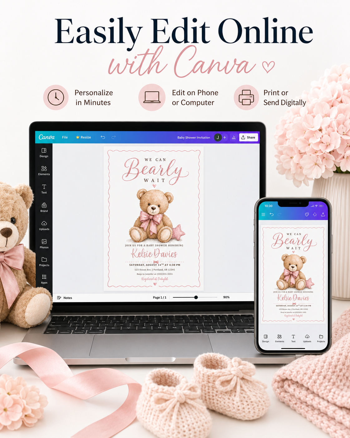 We can bearly wait baby shower invitation with watercolor teddy bear, pink bow, stitched star pillow, scalloped border, and soft pink baby girl details