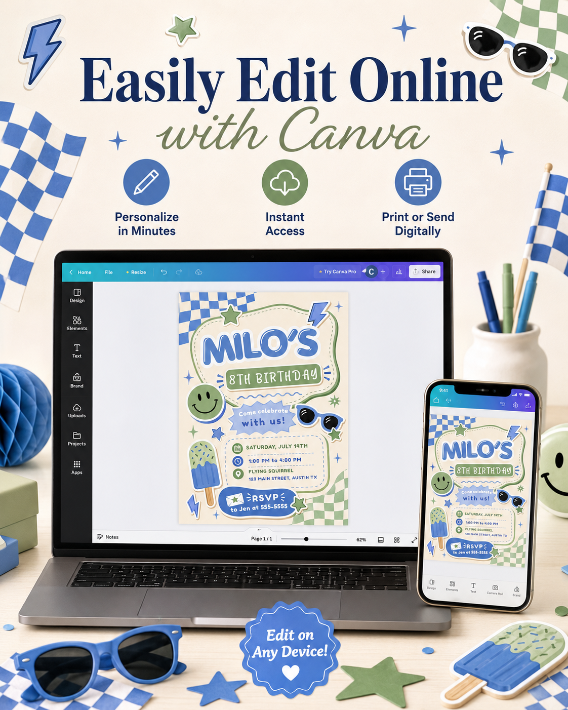 Boys retro birthday invitation in blue and green featuring a smiley face, sunglasses, checkerboard patterns, stars, lightning bolts and a popsicle.
