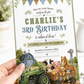 Tractor farm birthday invitation with a green tractor, wagon of farm animals, and blue barn in green and blue