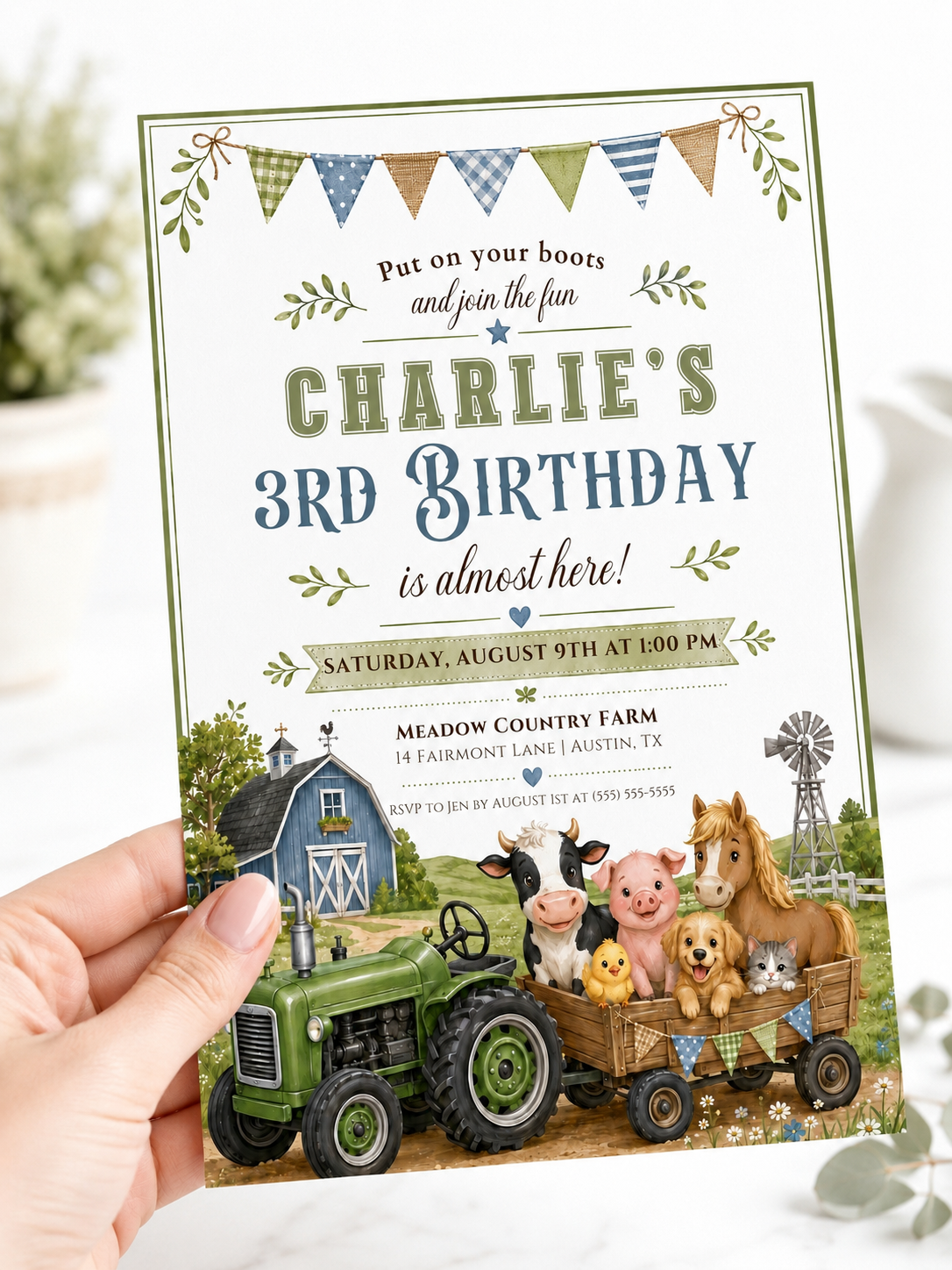Tractor farm birthday invitation with a green tractor, wagon of farm animals, and blue barn in green and blue