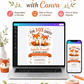Fox baby shower invitation with two cute baby foxes, leafy greenery, hearts, orange banner, playful woodland details, and warm orange brown accents