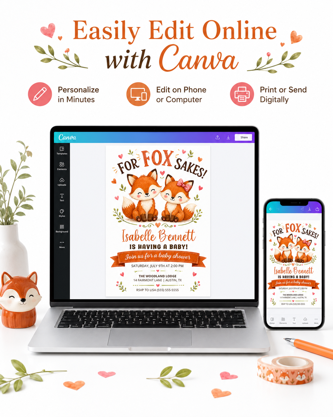 Fox baby shower invitation with two cute baby foxes, leafy greenery, hearts, orange banner, playful woodland details, and warm orange brown accents