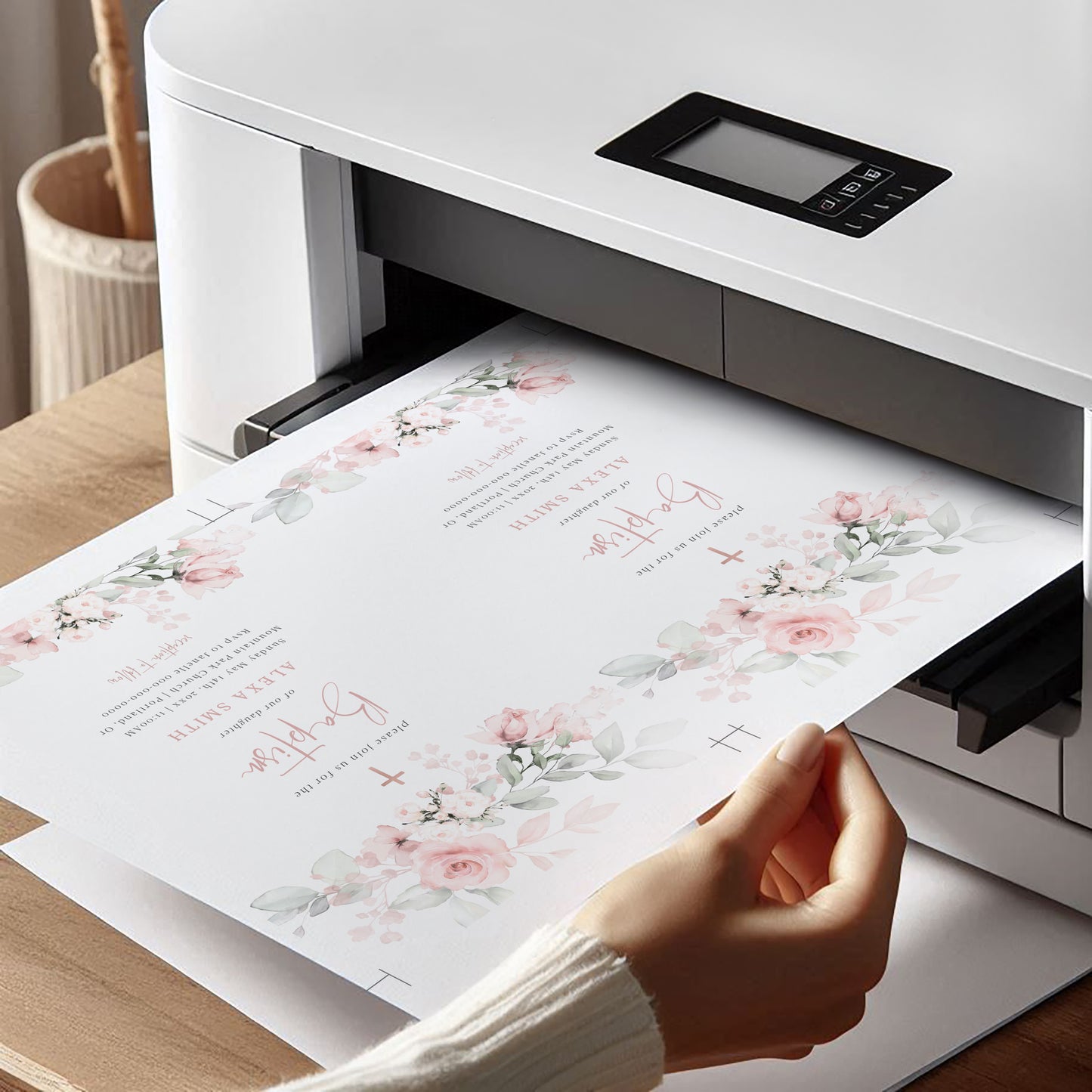 Editable baptism invitation with soft pink watercolor florals and delicate greenery, customized with Corjl | www.foreveryourprints.com