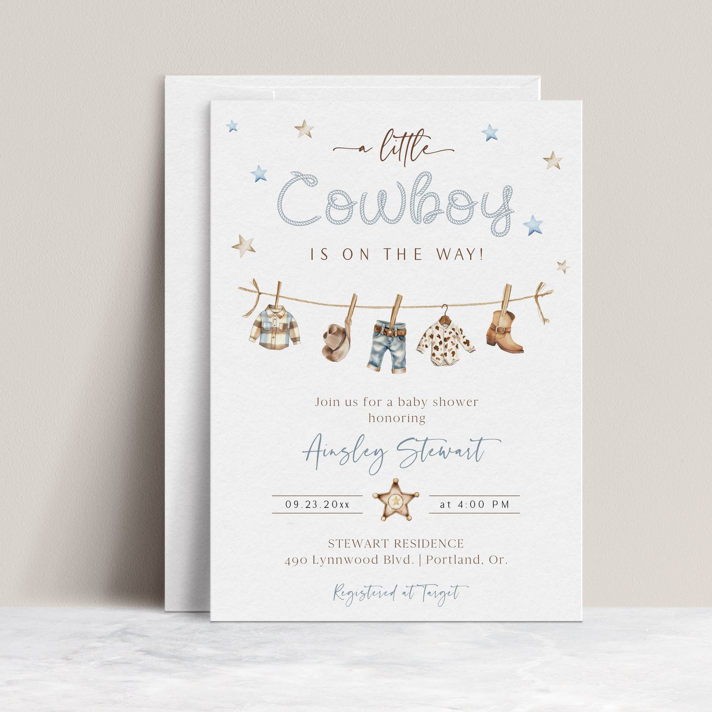 Cowboy baby shower invitation with clothesline and denim accents, editable with Corjl | www.foreveryourprints.com