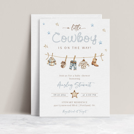 Cowboy baby shower invitation with clothesline and denim accents, editable with Corjl | www.foreveryourprints.com