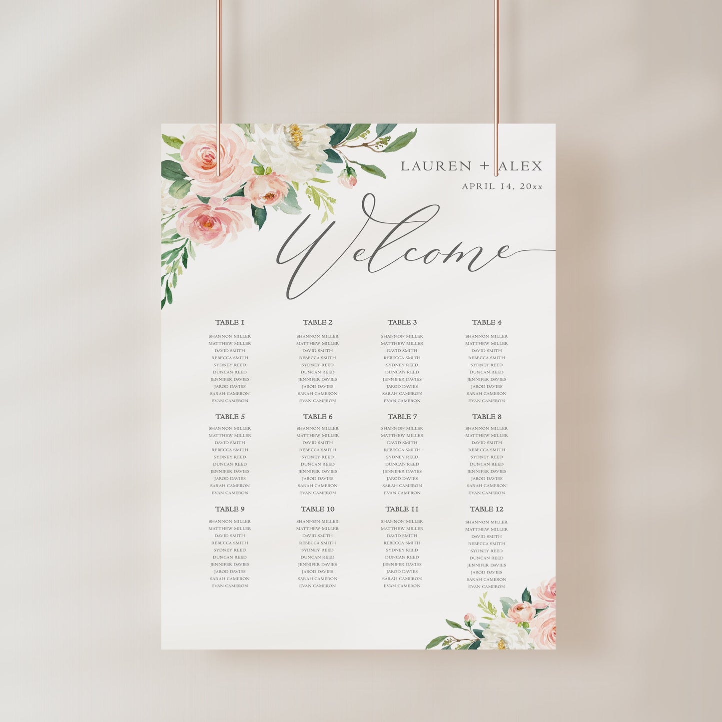 Editable wedding table seating sign with floral design, personalized using Corjl | www.foreveryourprints.com