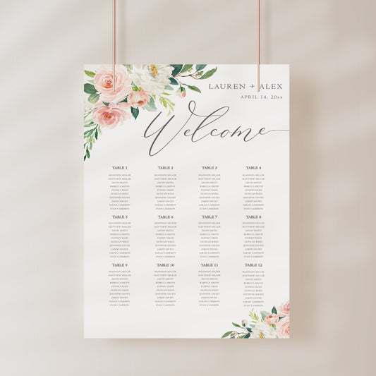 Editable wedding table seating sign with floral design, personalized using Corjl | www.foreveryourprints.com