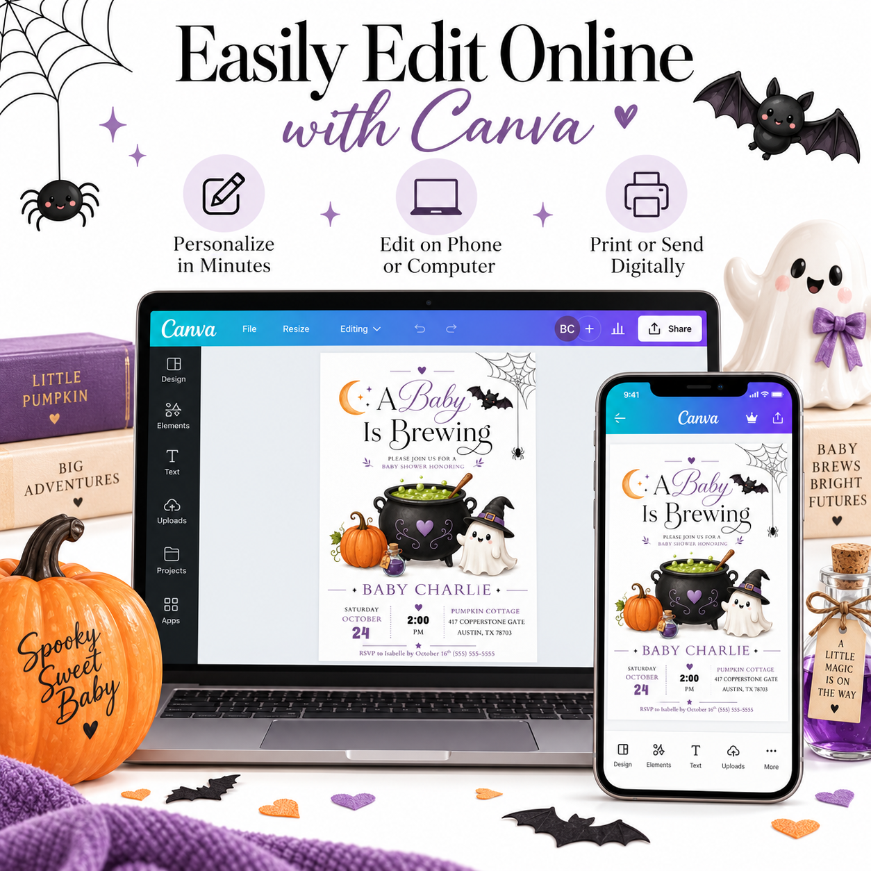 A Baby Is Brewing baby shower invitation with bubbling cauldron, pumpkin, potion bottle, ghost in witch hat, bat, crescent moon, and Halloween baby shower details