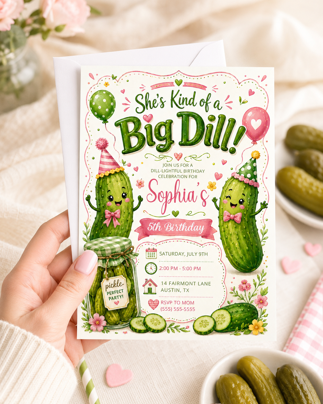 Big dill birthday invitation with cute pickle characters, party hats, balloons, pink bows, pickle jar, flowers, greenery, and green pink party details