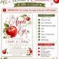 Apple of our eye birthday invitation with watercolor red apples, leafy branches, apple blossoms, hearts, elegant script lettering, and orchard birthday details