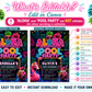 Neon Aloha pool party birthday invitation featuring a glowing pineapple, pink flamingo float, hibiscus flowers, palm trees and colorful tropical lights.
