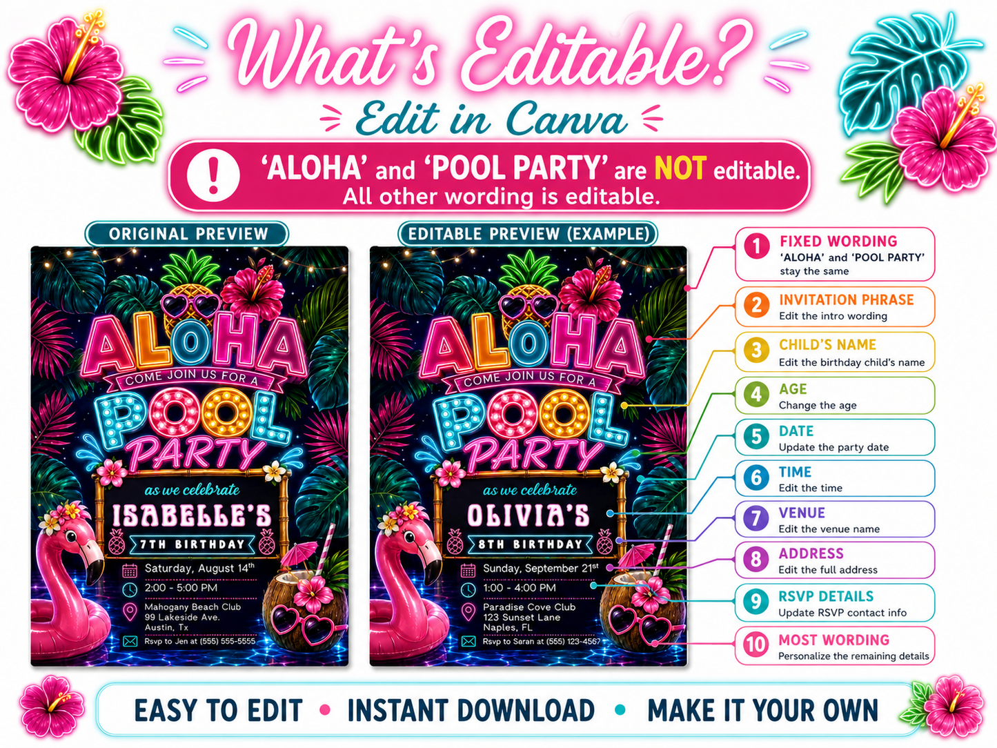 Neon Aloha pool party birthday invitation featuring a glowing pineapple, pink flamingo float, hibiscus flowers, palm trees and colorful tropical lights.
