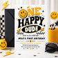 One Happy Dude first birthday invitation with retro smiley face, yellow and black lettering, lightning bolts, stars, and checkerboard birthday party details