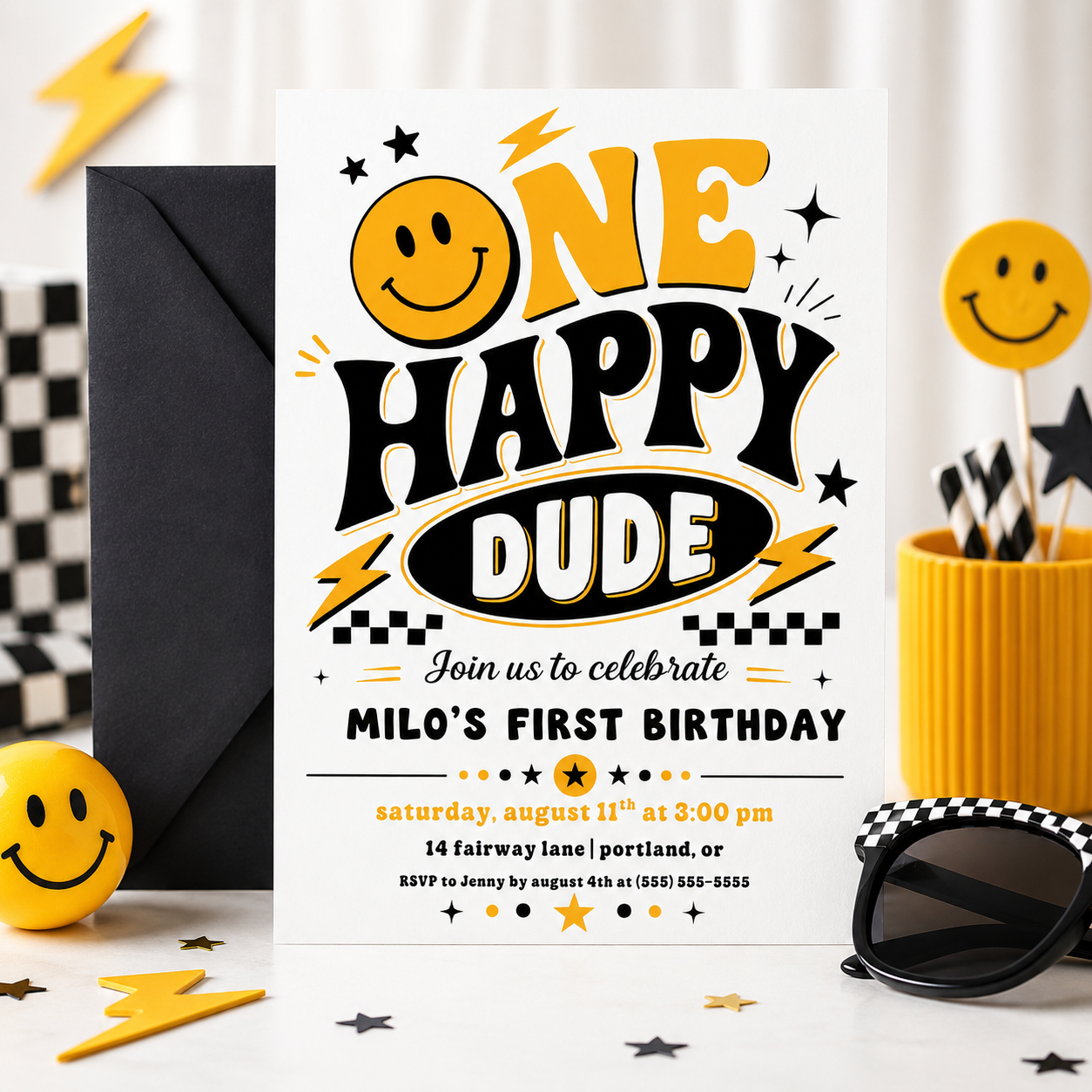 One Happy Dude first birthday invitation with retro smiley face, yellow and black lettering, lightning bolts, stars, and checkerboard birthday party details