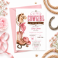 Little cowgirl baby shower invitation with a stick horse, pink cowgirl boots, hat, and bandana in pink and brown
