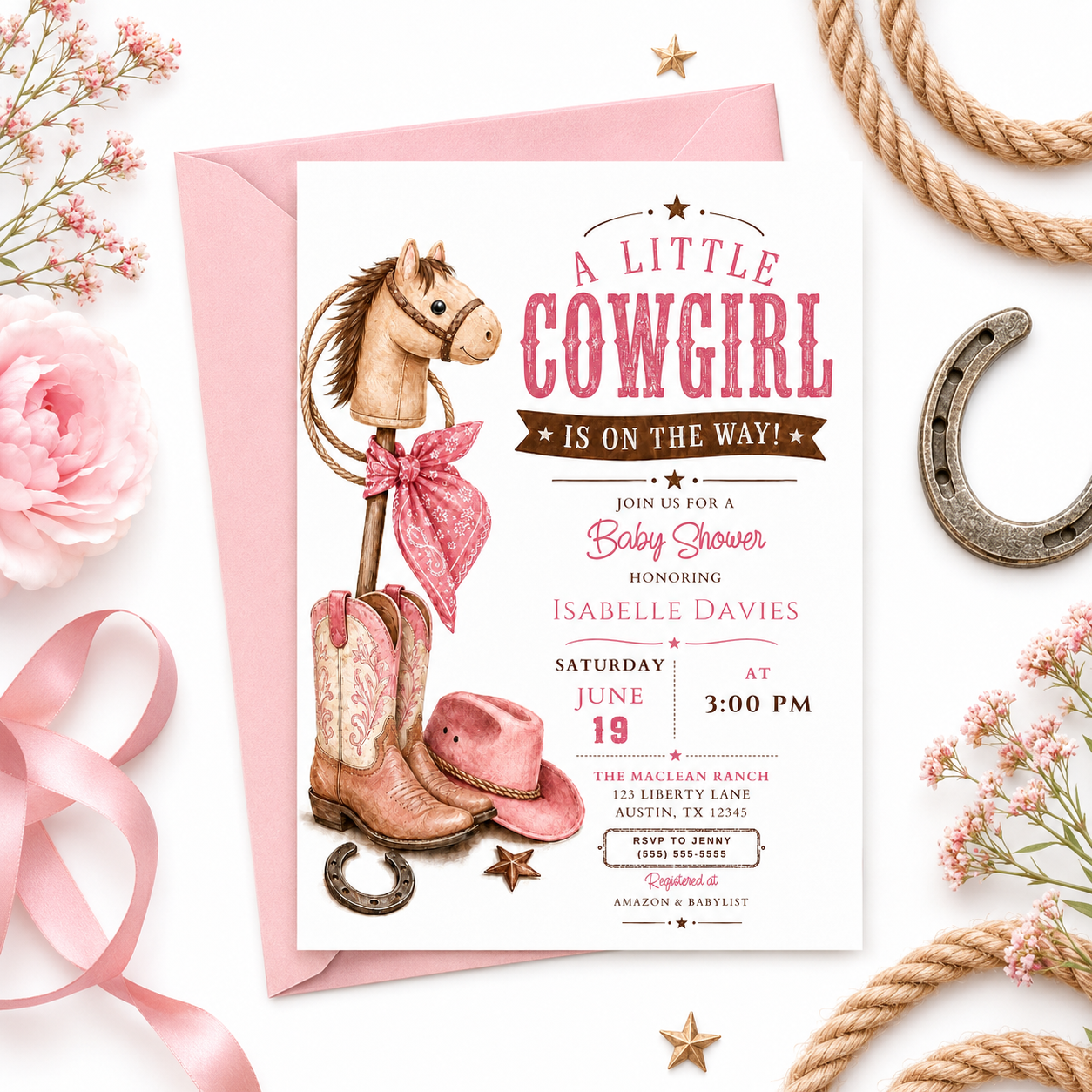 Little cowgirl baby shower invitation with a stick horse, pink cowgirl boots, hat, and bandana in pink and brown