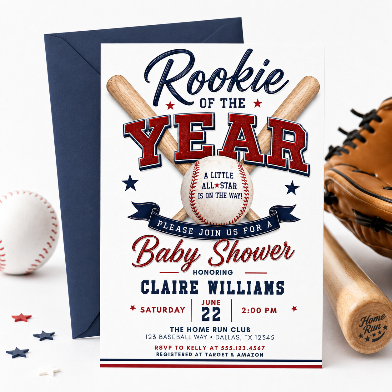 Rookie baseball baby shower invitation with crossed baseball bats, baseball, varsity lettering, navy ribbon banner, red and blue stars, and classic sports shower details
