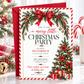 Christmas party invitation with red bows, evergreen garland, holly berries, gold bells, and a decorated Christmas tree