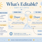 Editable here comes the son diaper raffle card Canva template with smiling sun, fluffy blue and white clouds, gold star accents, and navy and golden script typography on a warm cream background, landscape orientation