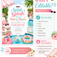 Pool party baby shower invitation with a flamingo float, beach ball, and pink umbrella in pink and aqua