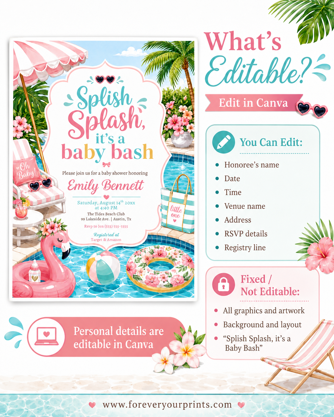 Pool party baby shower invitation with a flamingo float, beach ball, and pink umbrella in pink and aqua