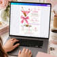 Editable martini baby shower invitation Canva template with pink martini glass, satin bow, heart-topped olive garnish, sparkle accents, and playful pink and olive green typography on a white background