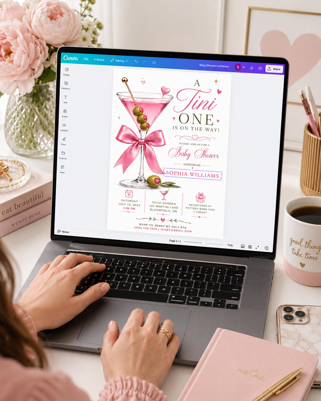 Editable martini baby shower invitation Canva template with pink martini glass, satin bow, heart-topped olive garnish, sparkle accents, and playful pink and olive green typography on a white background
