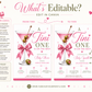Editable martini baby shower invitation Canva template with pink martini glass, satin bow, heart-topped olive garnish, sparkle accents, and playful pink and olive green typography on a white background