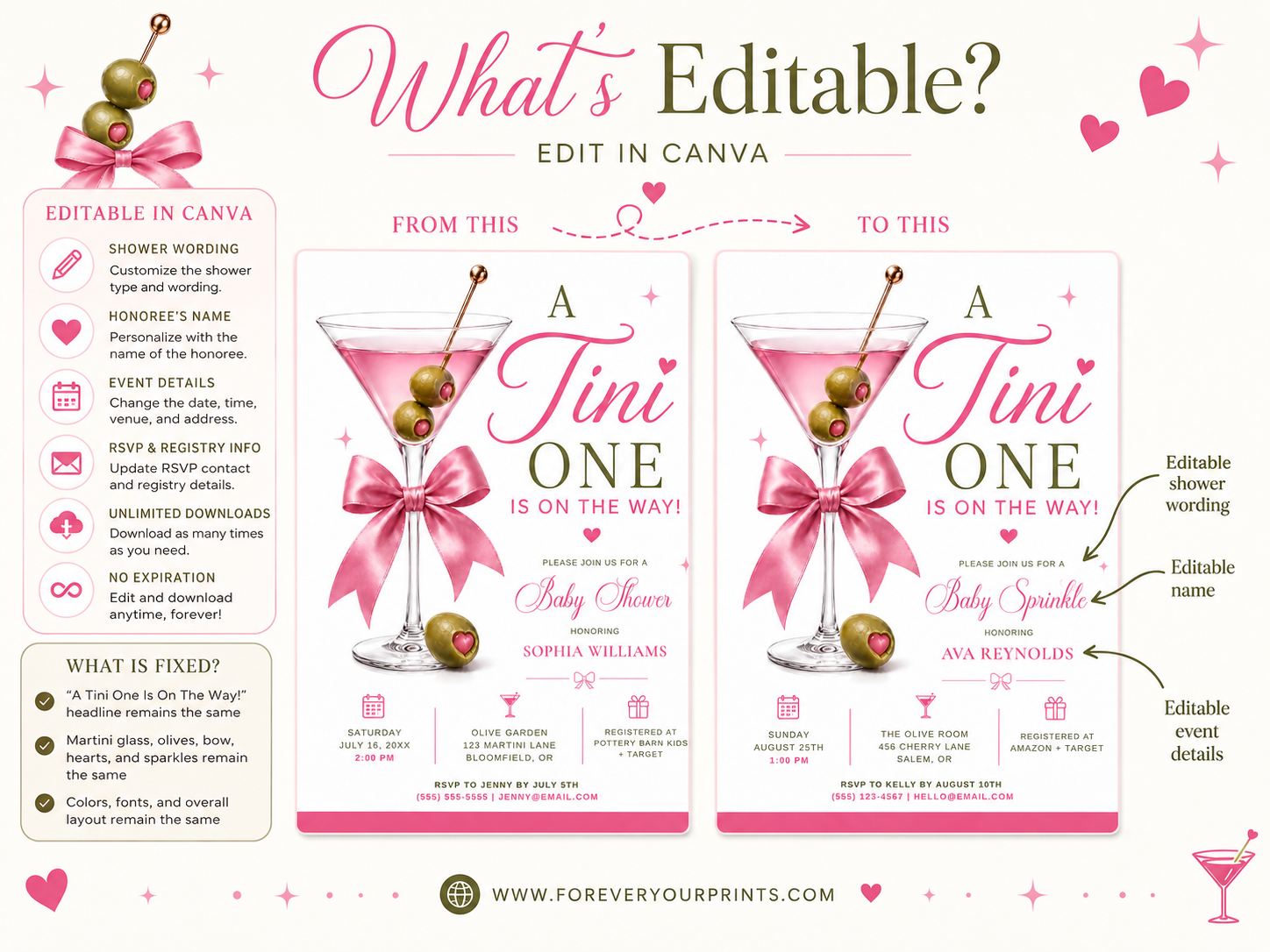 Editable martini baby shower invitation Canva template with pink martini glass, satin bow, heart-topped olive garnish, sparkle accents, and playful pink and olive green typography on a white background