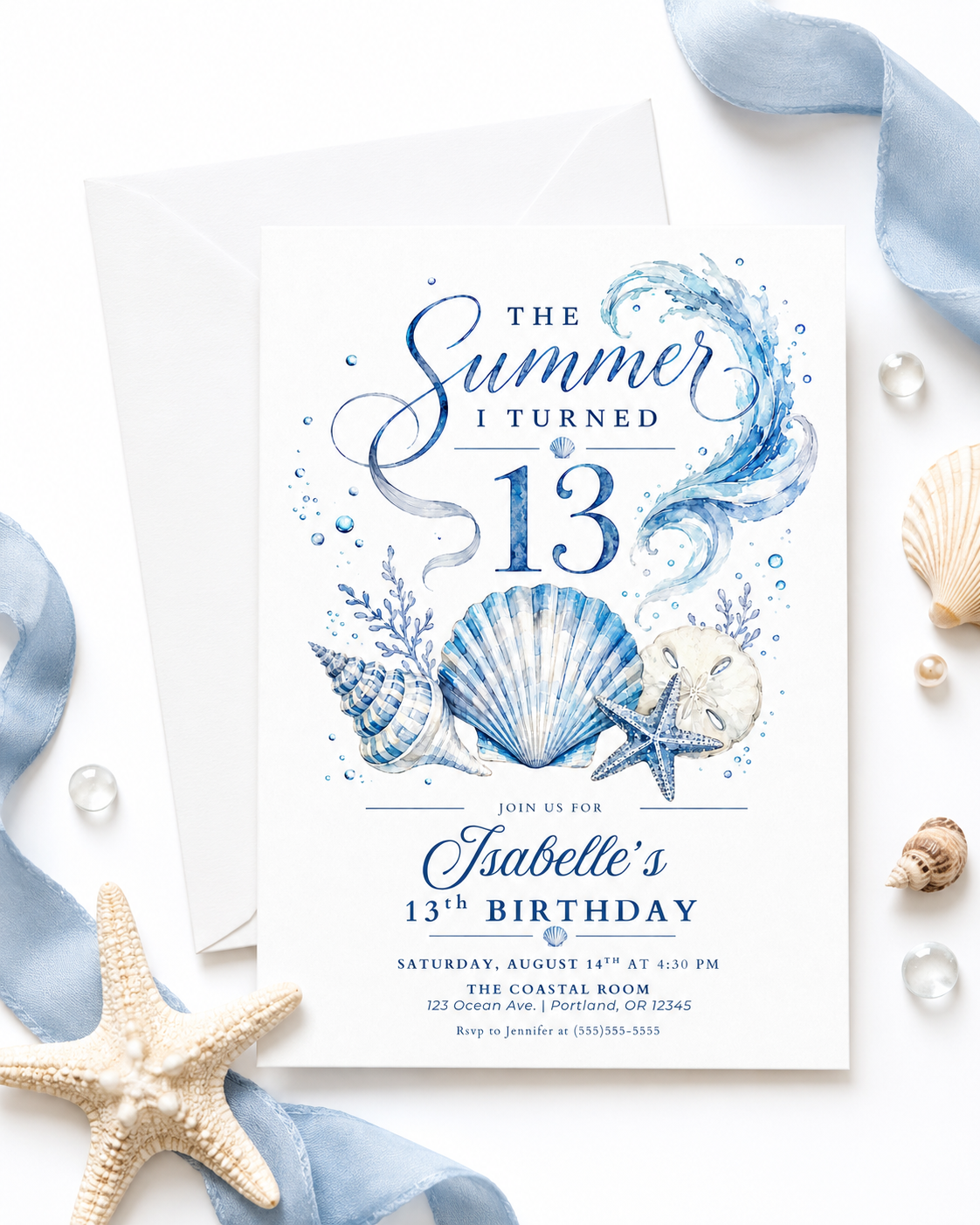 The summer I turned 13 birthday invitation with blue watercolor waves, seashells, starfish, sand dollar, coral, bubbles, and elegant beach details