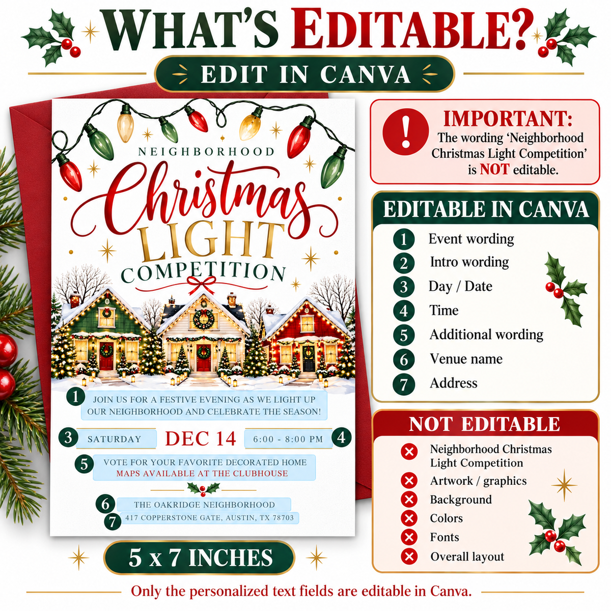 Christmas light competition invitation with three snow-covered homes decorated with glowing lights, wreaths, and garlands beneath red, green, and gold string lights